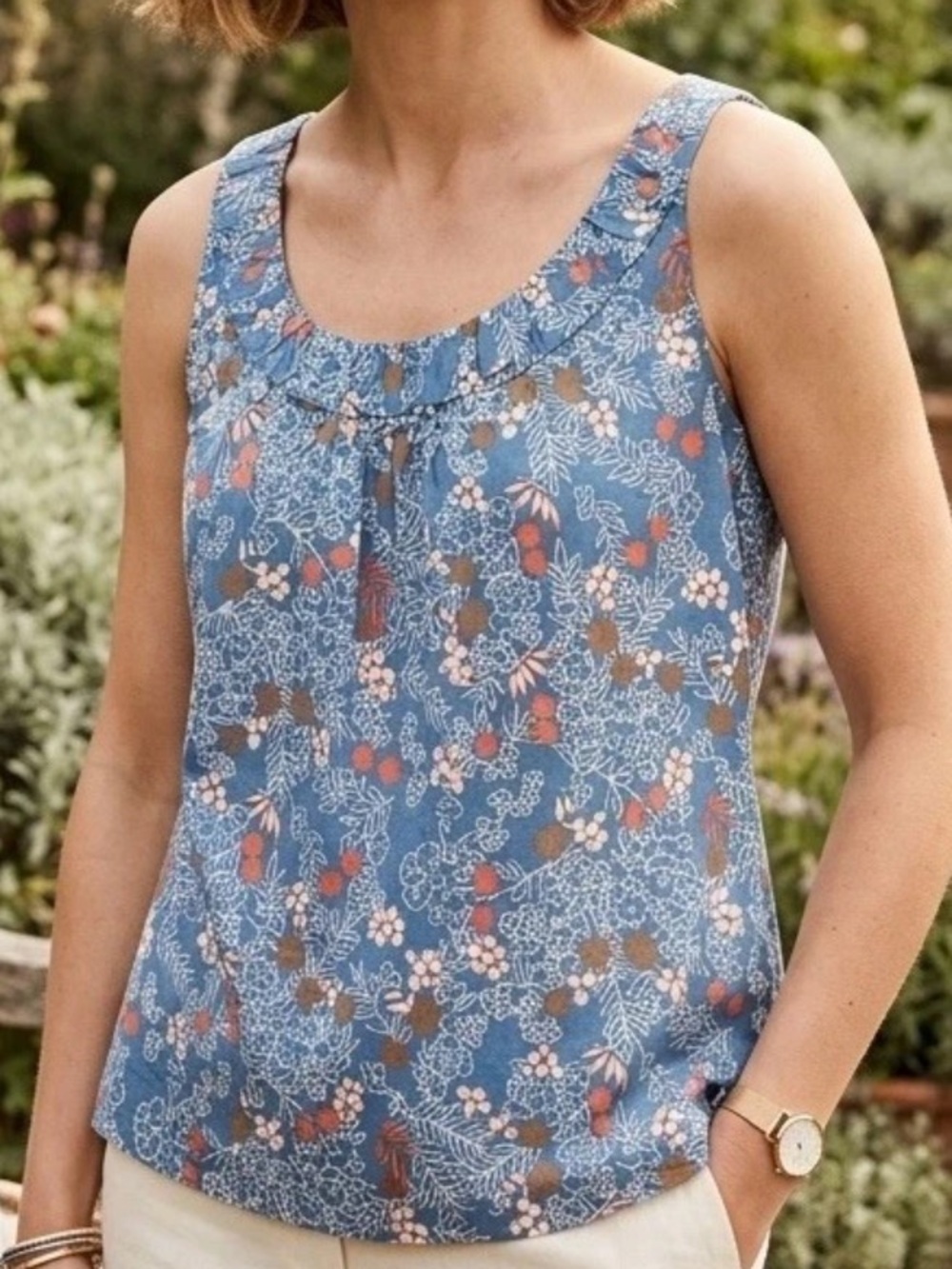 Boden Floral Pleated Sleeveless Woven Tank Top US 12 Cottagecore Boho Coastal